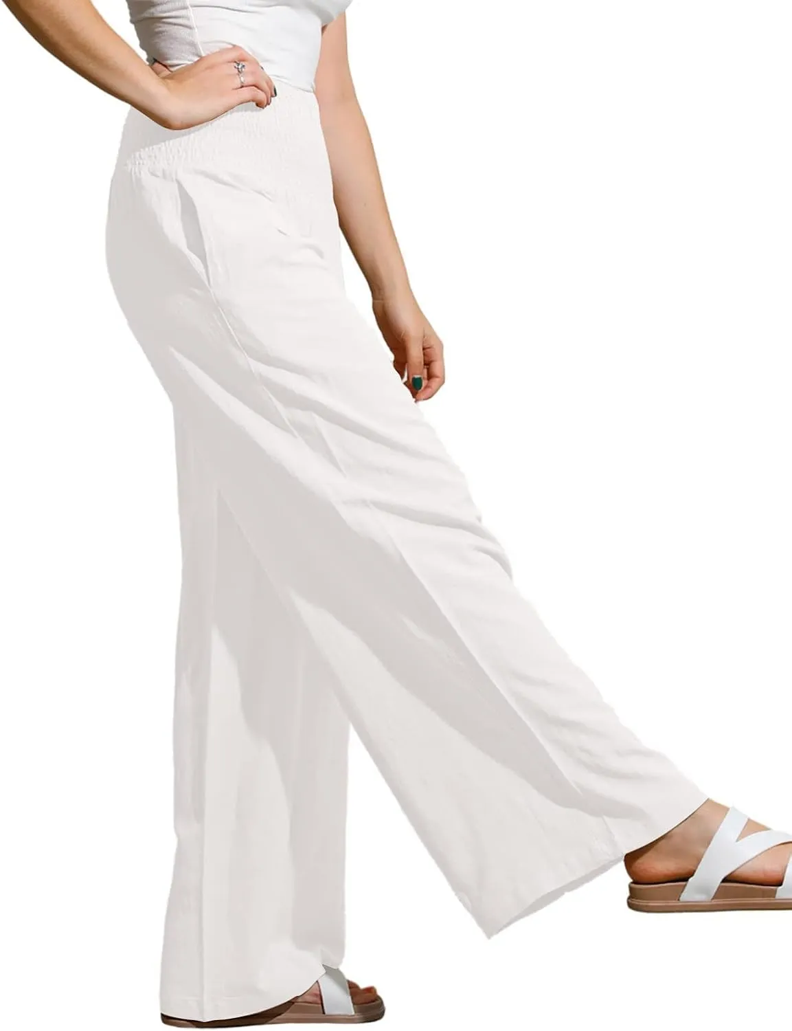 yoeasy Women Summer High Waisted Cotton Linen Palazzo Pants Wide Leg Long Trousers with Pocket