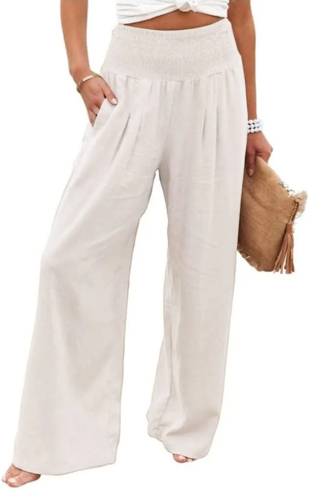 yoeasy Women Summer High Waisted Cotton Linen Palazzo Pants Wide Leg Long Trousers with Pocket