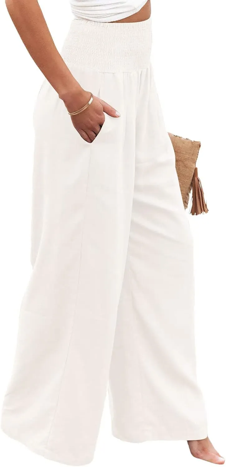 yoeasy Women Summer High Waisted Cotton Linen Palazzo Pants Wide Leg Long Trousers with Pocket