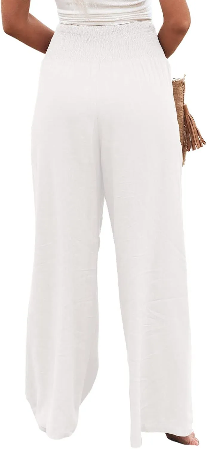 yoeasy Women Summer High Waisted Cotton Linen Palazzo Pants Wide Leg Long Trousers with Pocket