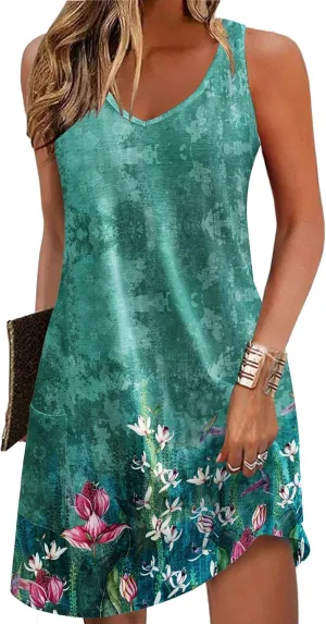 Zeagoo Womens Summer Dress 2025 Loose V Neck Sleeveless Sundresses Swimsuit Coverup with Pockets Floral Tank Dresses