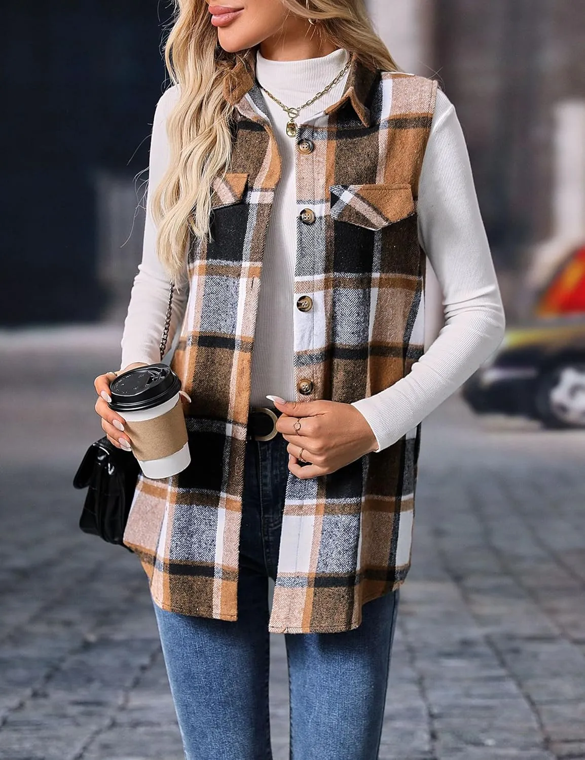 ZILIN Women's Flannel Plaid Vest Button Down Sleeveless Shacket Shirt Jacket