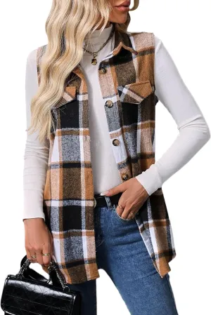 ZILIN Women's Flannel Plaid Vest Button Down Sleeveless Shacket Shirt Jacket