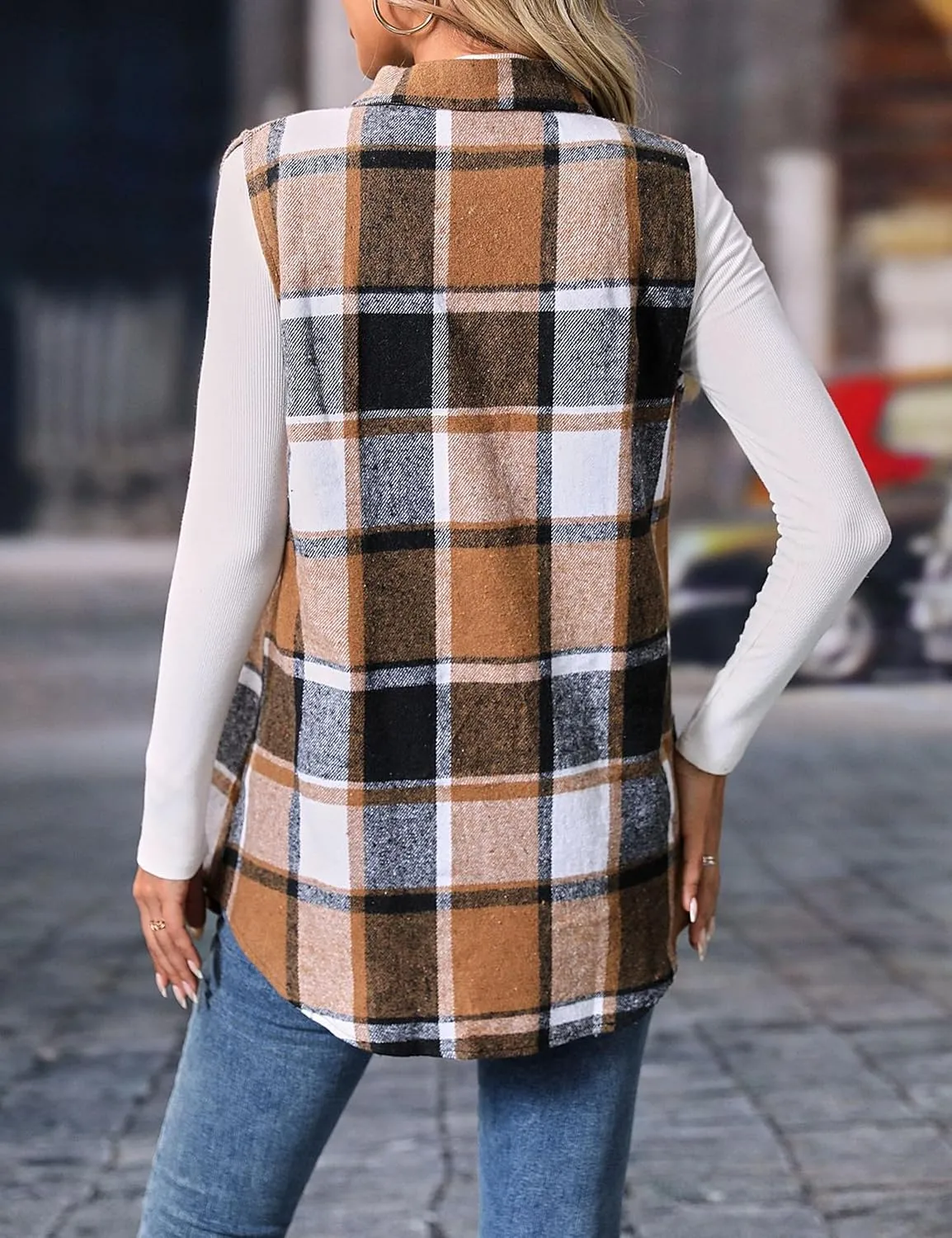 ZILIN Women's Flannel Plaid Vest Button Down Sleeveless Shacket Shirt Jacket