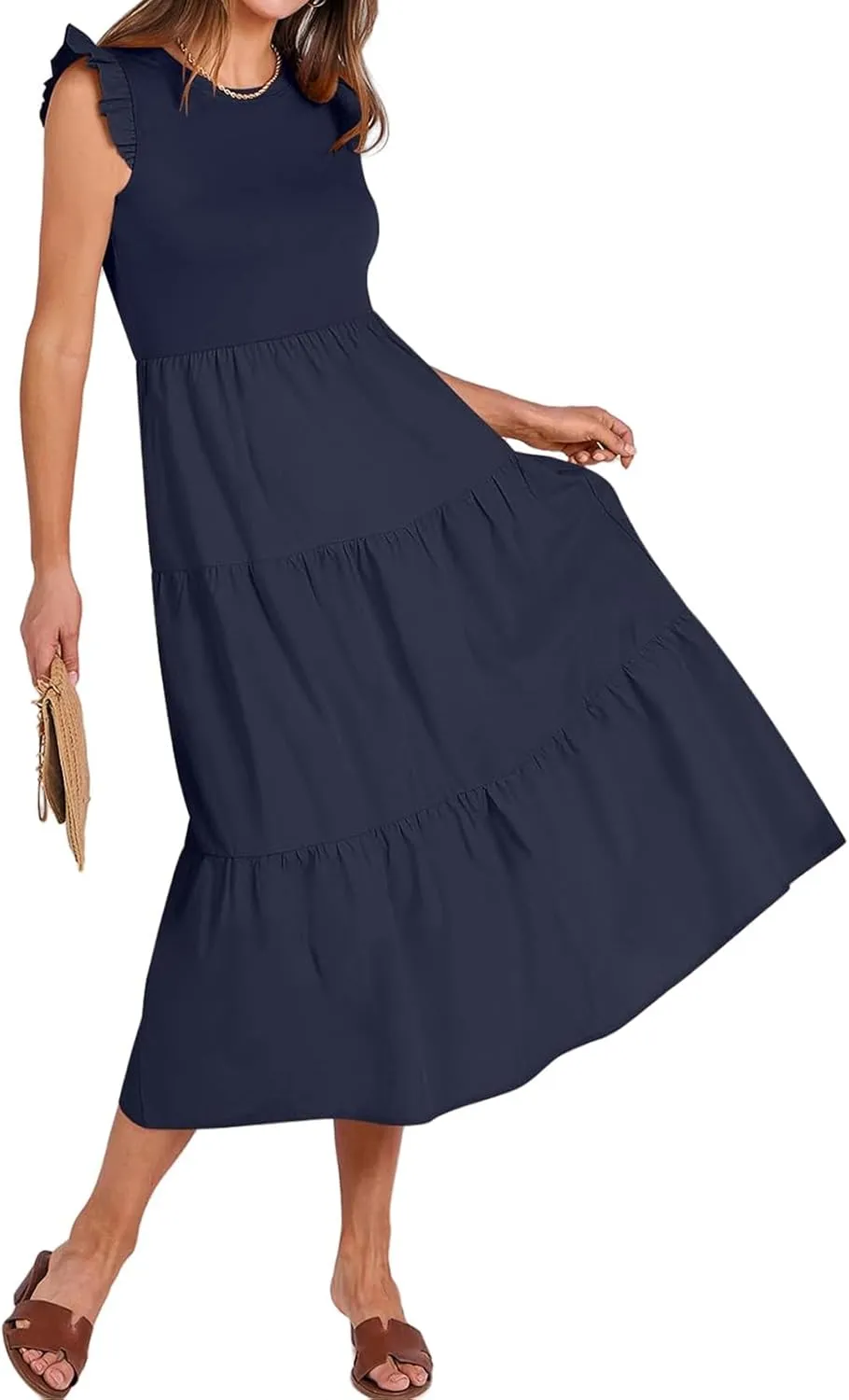 ZWRXW Women's Summer Dresses Casual Flutter Cap Sleeve Dress A-Line Flowy Tiered Beach Midi Dress Trendy Outfits with Pockets